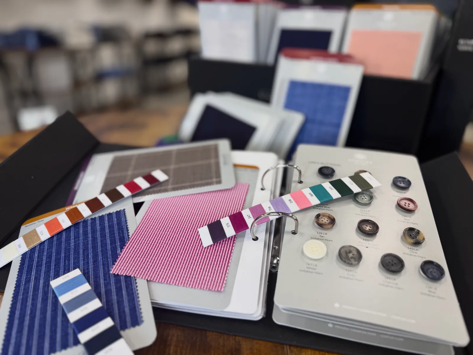 Custom fabric, thread, and button selections at Jason Louis Green Bay
