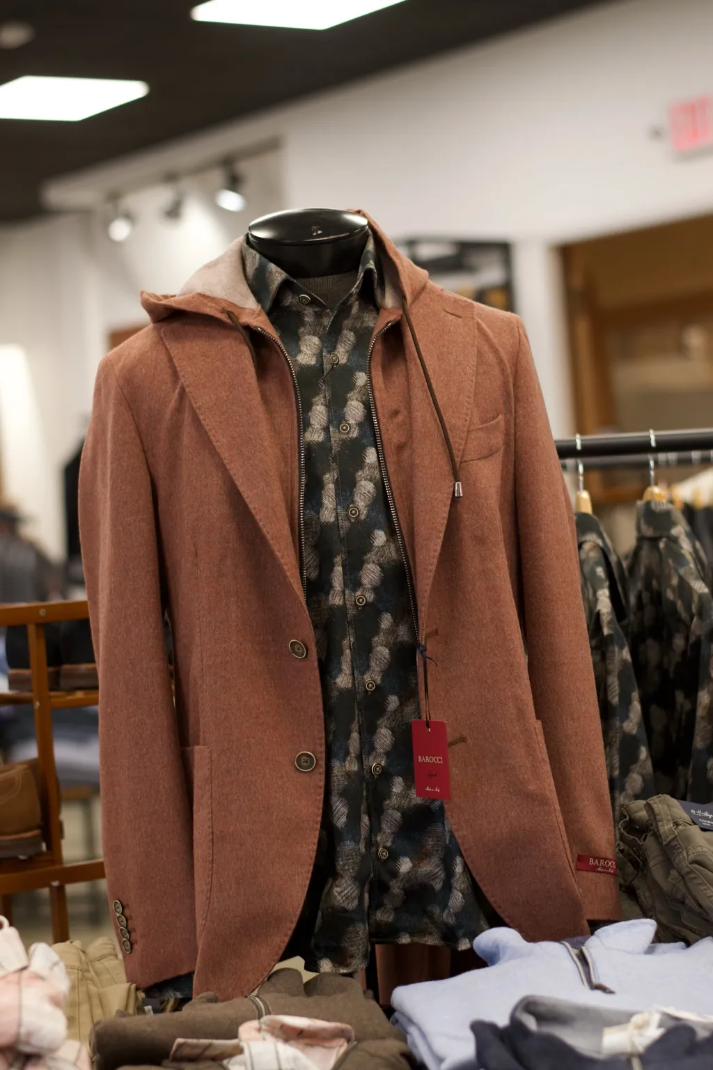 Rust-colored casual jacket layered for the season